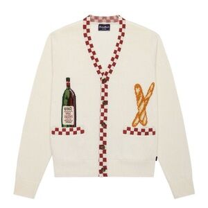 Rowing Blazers Cream Cardigan with Wine and Baguette Motif